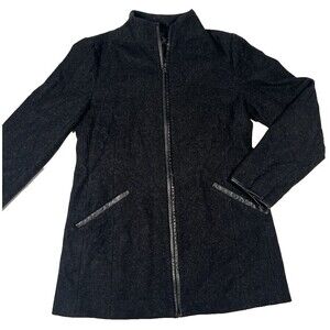 Eileen Fisher Felted Flannel Melange Wool Jacket Womens XS Black Leather Accents